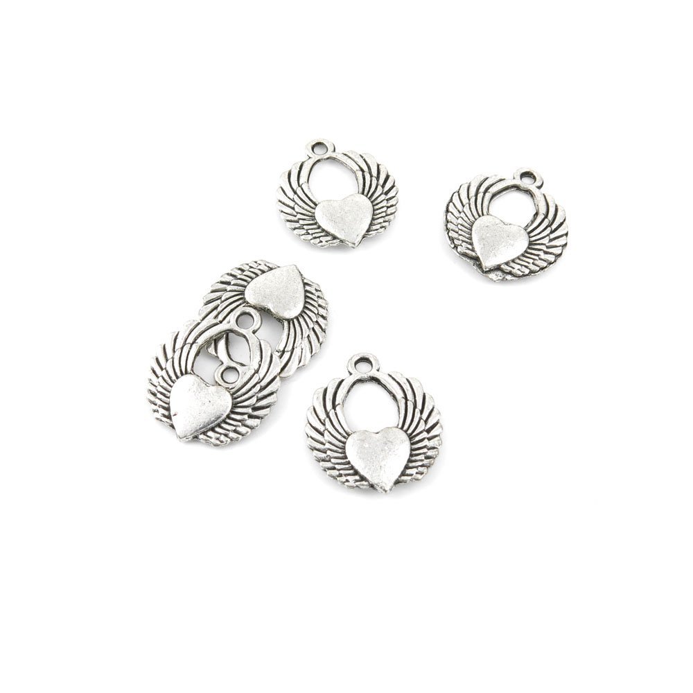 Qty 20 Pieces Ancient Silver Jewelry Making Charms Findings Q0624 Heart Wings Pendent Bulk for Bracelet Necklace