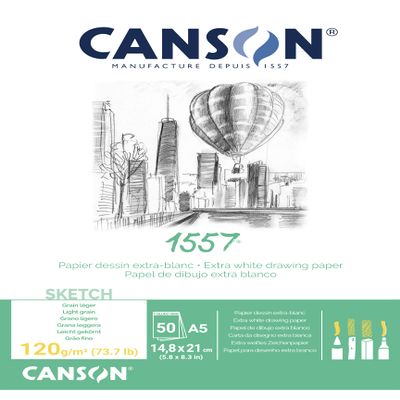 CANSON 1557 Extra White 120gsm A5 Sketch Paper, Light Grain, 50 Sheets, Ideal for Professional Artists & Illustrators