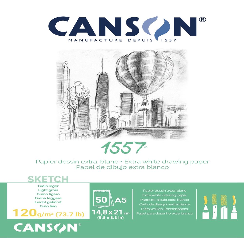 CANSON 1557 Extra White 120gsm A5 Sketch Paper, Light Grain, 50 Sheets, Ideal for Professional Artists & Illustrators