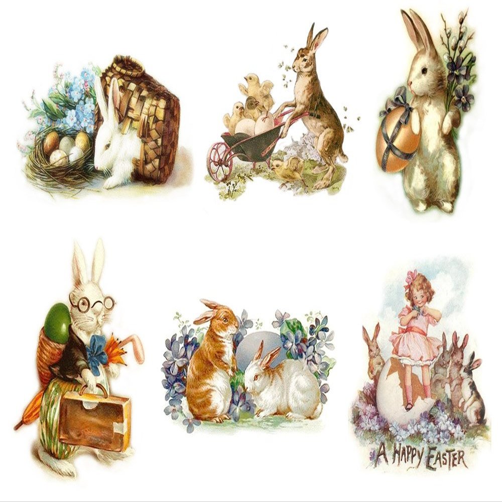 Waterslide Decals (Each Decal 2.5"x3.5, Pack 6 pcs) Easter Bunny FLONZ Vintage