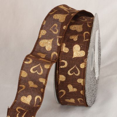 Brown and Metallic Gold Valentine Day Wired Craft Ribbon 1.5" x 40 Yards