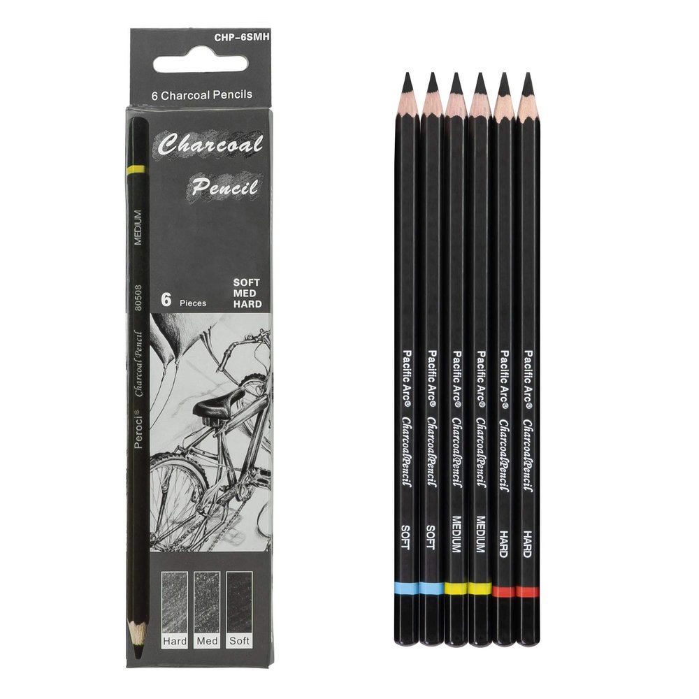 Pacific Arc Premium Charcoal Drawing Pencils for Artists - 6 pieces Soft Medium and Hard - Charcoal Pencils for Drawing, Sketching and Shading - Great Non Toxic Art Supplies Set