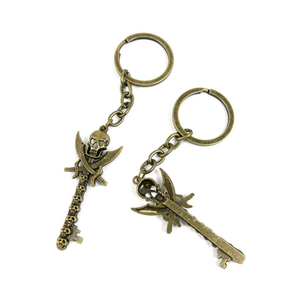 100 Pieces Antique Bronze Keychain Key Chain Tags Keyring Ring Jewelry Making Charms Supplies KC0400 Pirate Skull Key