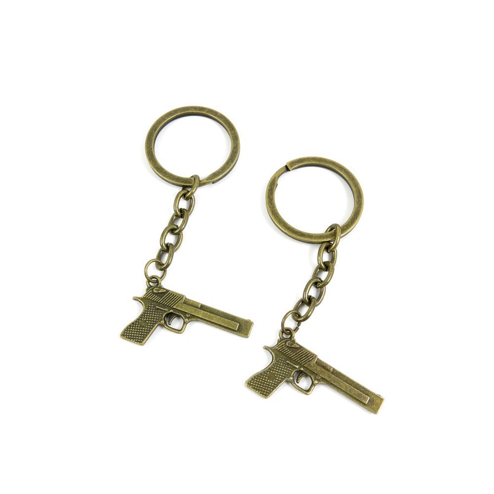 100 Pieces Antique Bronze Keychain Key Chain Tags Keyring Ring Jewelry Making Charms Supplies KC1100 Pistol Gun