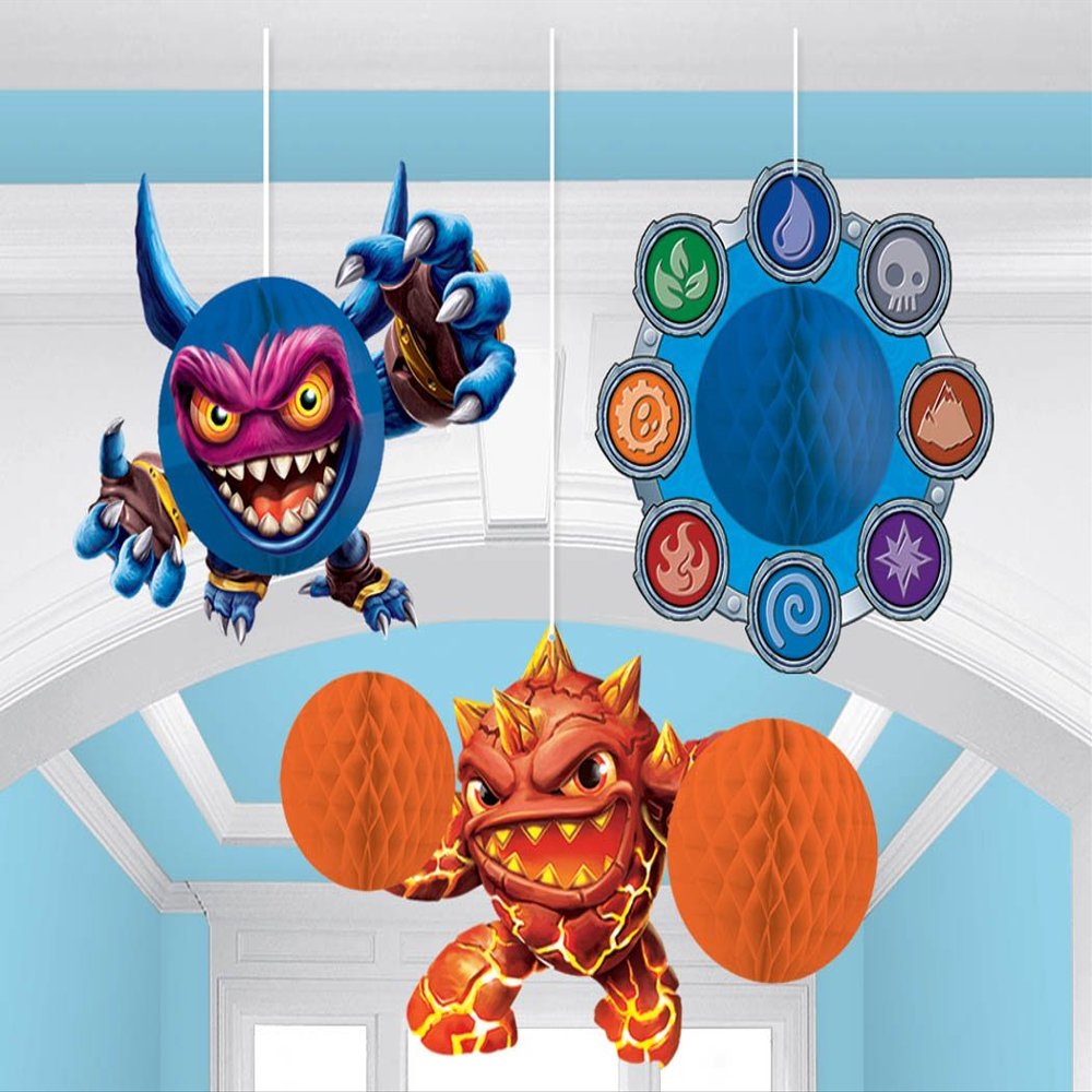Amscan Skylanders Hanging Decor - 3pcs Honeycomb, Dinosaur & Butterfly Design - Skylanders Birthday Decoration - Gaming Figure