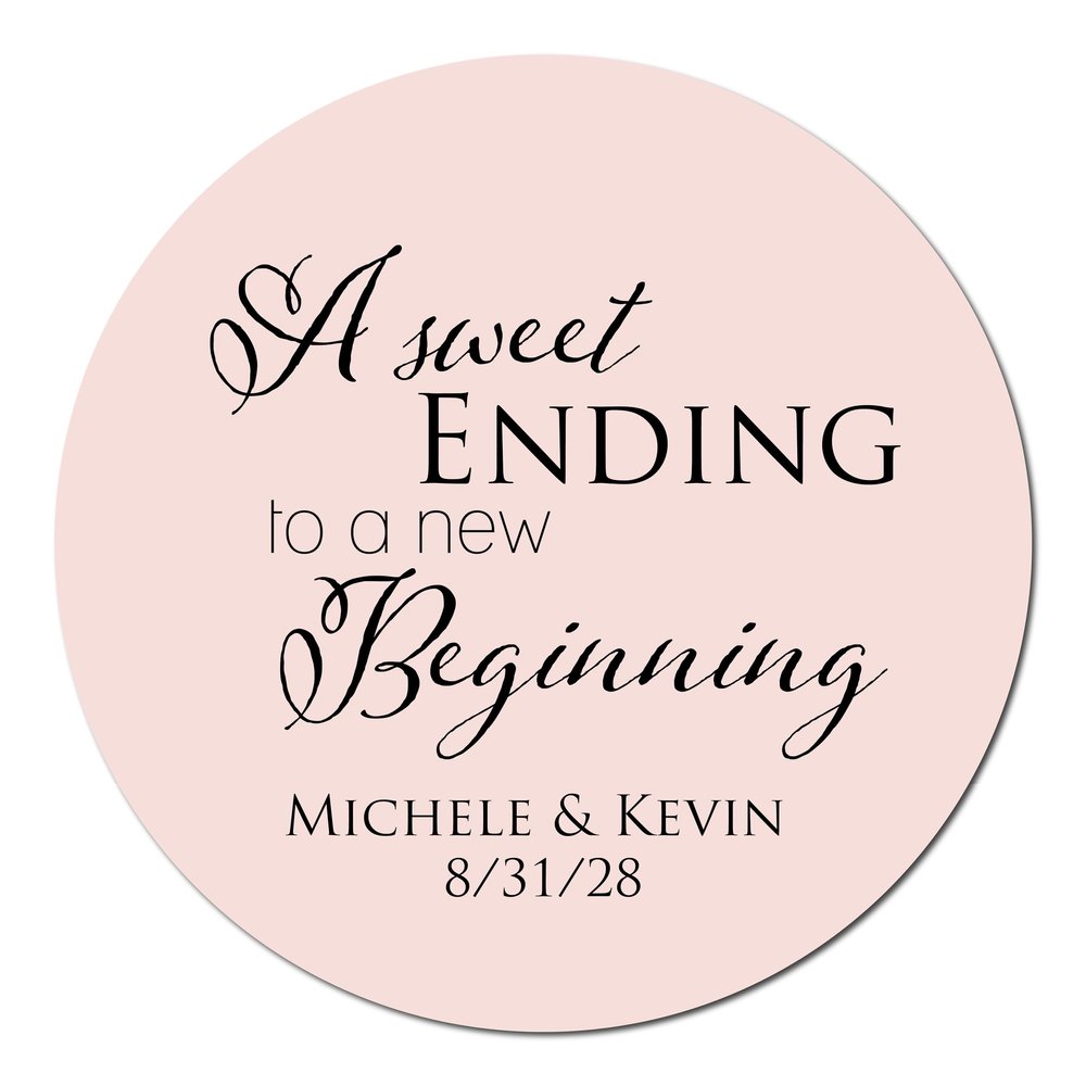 A Sweet Ending to a New Beginning Favor Stickers, Bridal Shower, Wedding Reception, Baby Shower, Customize with Names and Date