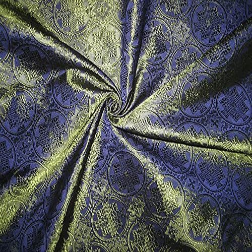 Silk Brocade Vestment Fabric Navy Blue & Green 44" - Vestment,Religious,Church,Sewing