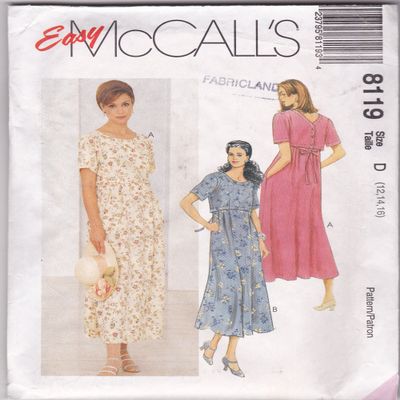 McCalls 8119 Easy Pullover Dress Back Buttons and Ties Empire Waist With Pleats Sewing Pattern (Size 12-14-16)
