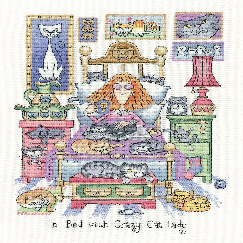 Heritage Counted Cross Stitch kit evenweave Fabric in Bed with Crazy Cat Lady (L), CRIB1331-E, 22x30cm, DIY