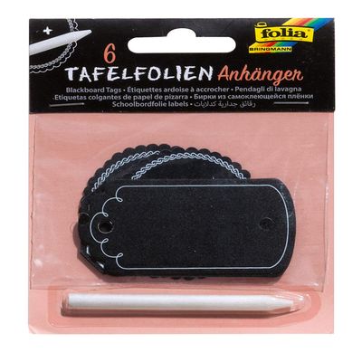 Folia 39101 Blackboard Foil Pendant with Soapstone Pen 6 Pieces Black in 3 Shapes for Decorating and Labelling