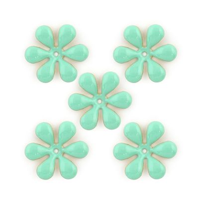 Light Jade Enamel and Brass Back Flower Sew-On Trims - Embellishments for Clothing, Accessories - Pack of 5