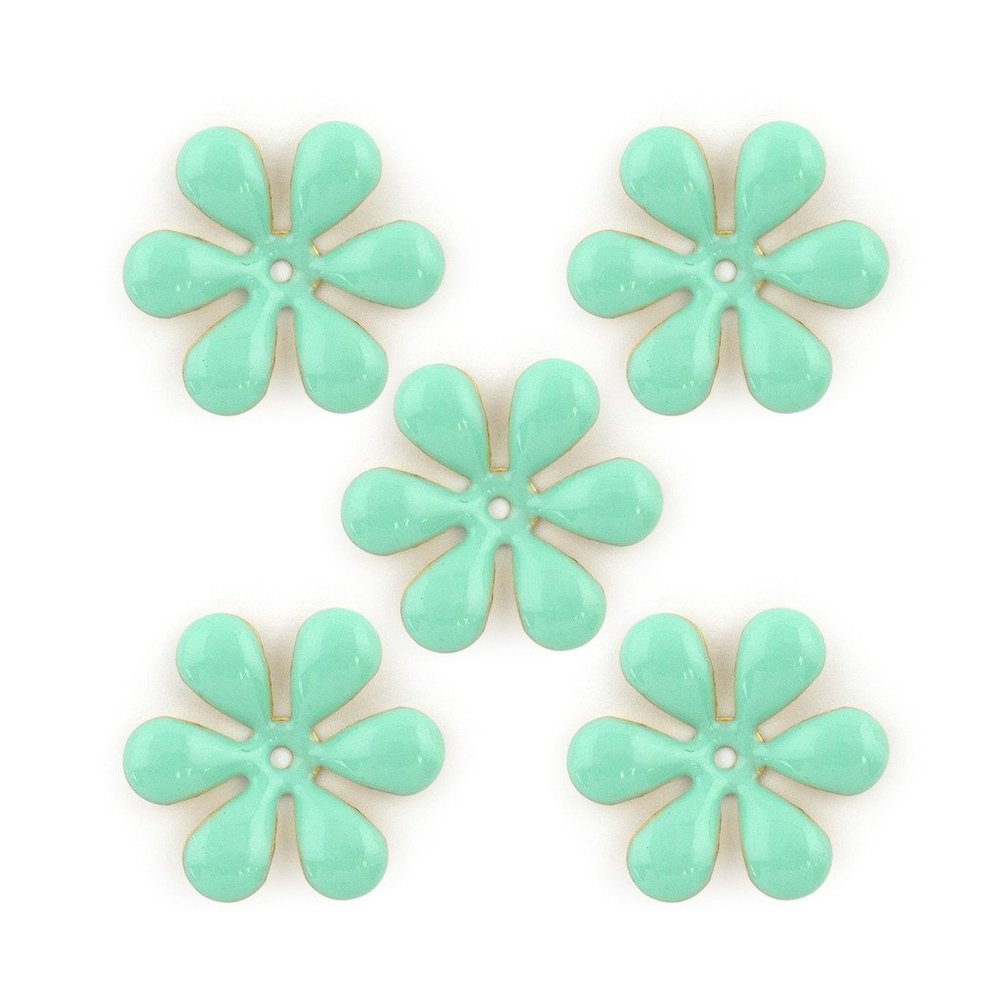 Light Jade Enamel and Brass Back Flower Sew-On Trims - Embellishments for Clothing, Accessories - Pack of 5