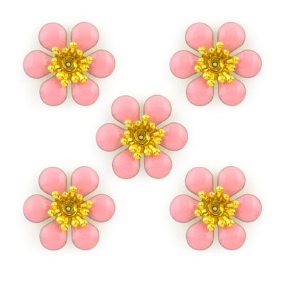 Baby Pink Cherry Blossom Enamel and Brass Flower Sew-On Trims - Embellishments for Clothing, Accessories - Pack of 5