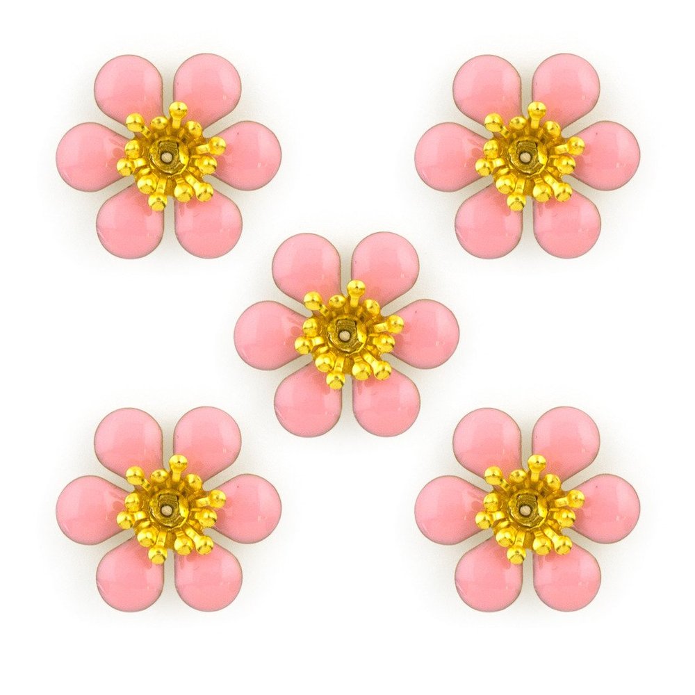 Baby Pink Cherry Blossom Enamel and Brass Flower Sew-On Trims - Embellishments for Clothing, Accessories - Pack of 5