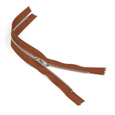 Set of 12 Pants Zippers, 11", Silver Metal Teeth and Redwood Brown Tape, Bias Bespoke Brand
