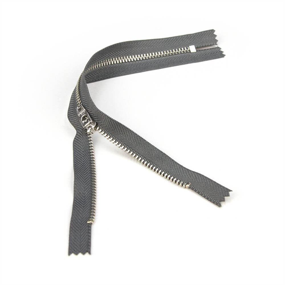 Set of 12 Pants Zippers, 11", Silver Metal Teeth and Smokestack Gray Tape, Bias Bespoke Brand