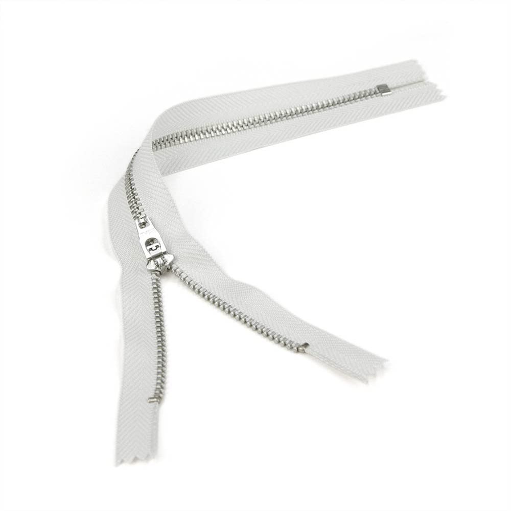 Set of 12 Pants Zippers, 11", Silver Metal Teeth and Pale Gray Tape, Bias Bespoke Brand