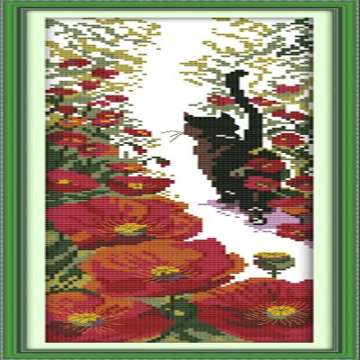 CaptainCrafts Cross Stitch Kits Stamped Cross Stitch Printed 11CT Fabric Cross Stitching DIY Art DMC Needlecrafts Embroidery Kit for Adults Beginner (Stamped, Red Flowers and Black Cat)