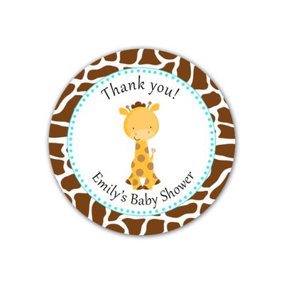40 Personalized Stickers Brown Giraffe Turquoise Polka Dots Design Baby Shower Thank You Party Favor Gift Label