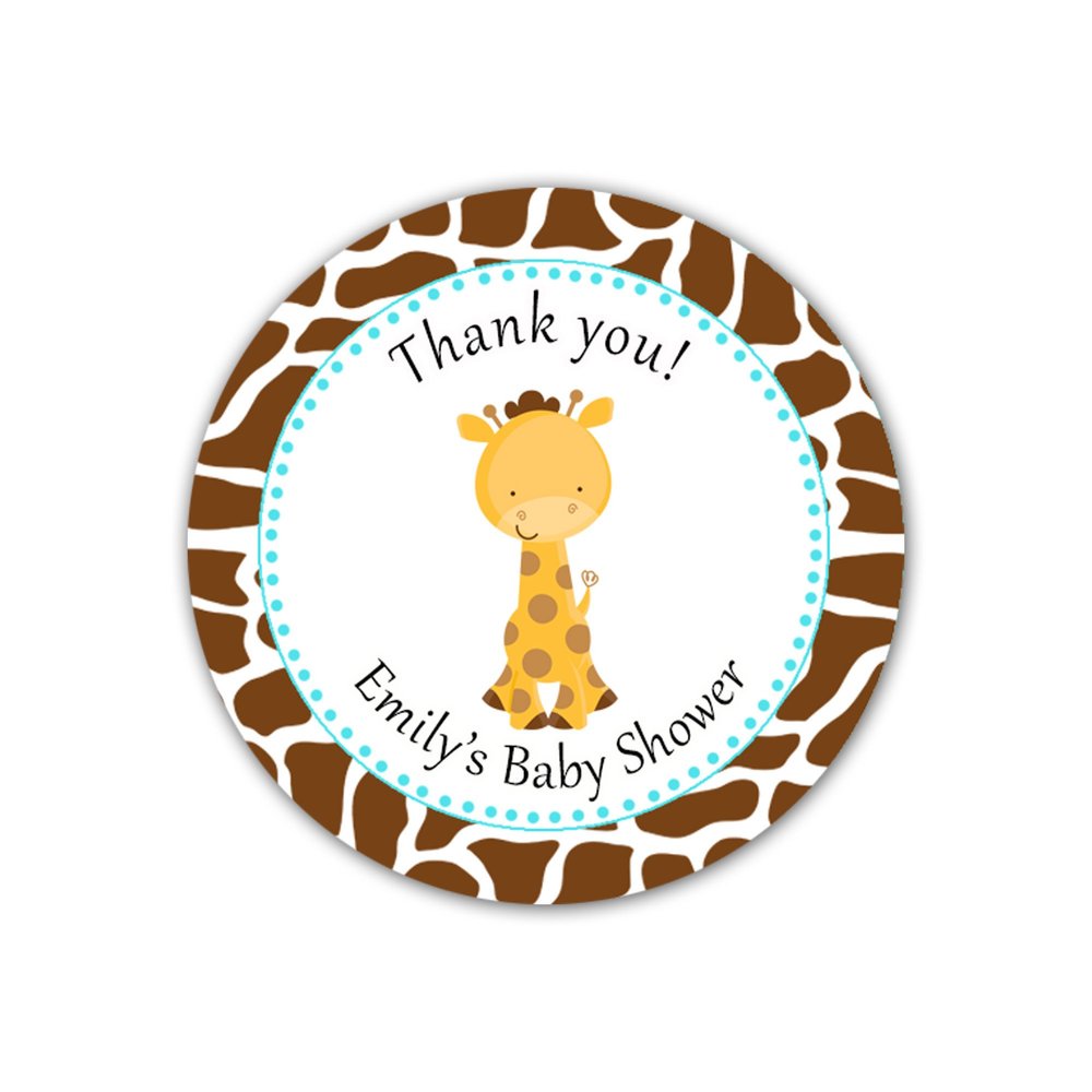 40 Personalized Stickers Brown Giraffe Turquoise Polka Dots Design Baby Shower Thank You Party Favor Gift Label