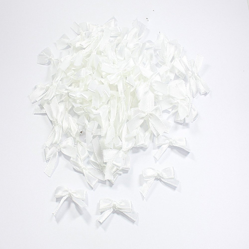 100pcs Mini Ribbon Bow Satin Small 25mm DIY Sewing Decorations Wedding Applique (White)