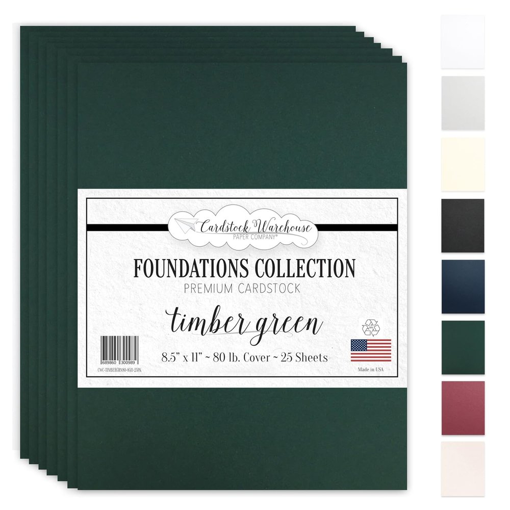 Cardstock Warehouse Foundations 100% Recycled Timber Green Forest Cardstock Paper - 25 Sheets 8.5 x 11 80 lb/215 GSM Premium Dark Green Card stock for Die-cutting Laser, Inkjet Printing & DIY Projects