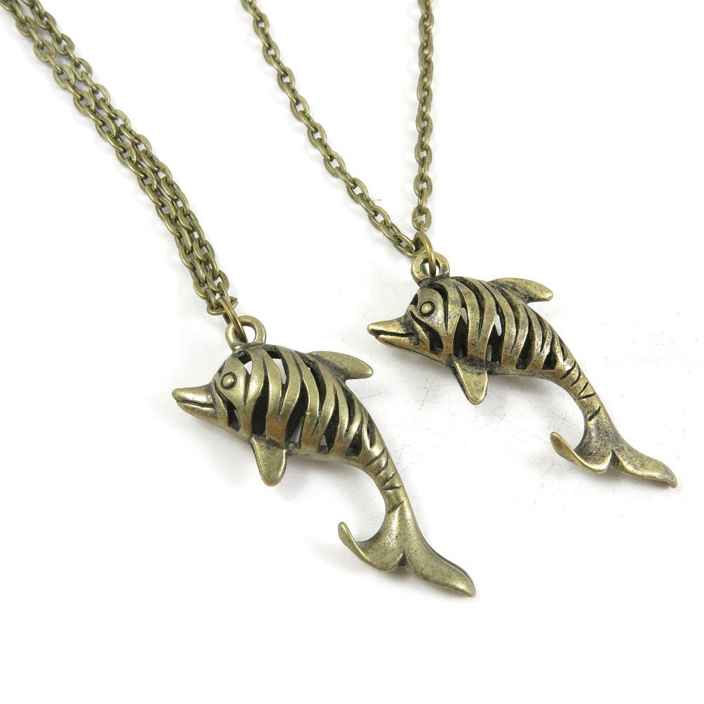 2 Pieces Antique Bronze Fashion Jewelry Making Charms Necklace Costume Sweater Long Chain Pendant 5-XLA16970 Hollow Dolphin