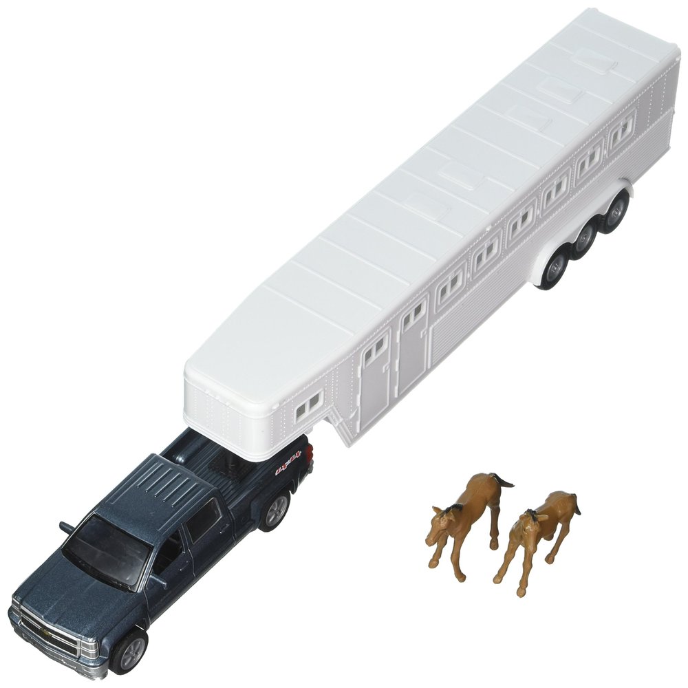Chevrolet 1:43 Longhauler Silverado 4X4 with Horse Trailer and Horse Figures, Black