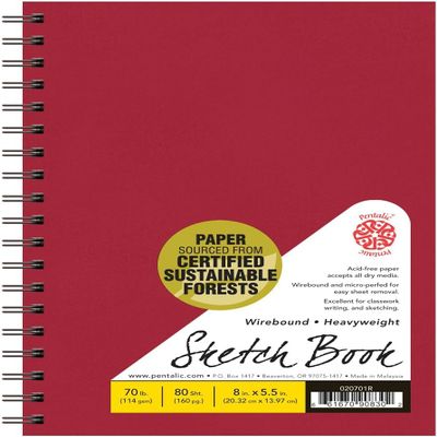 Pentalic 80-Sheet Wirebound Sketchbook, 8 by 5.5-Inch, Red