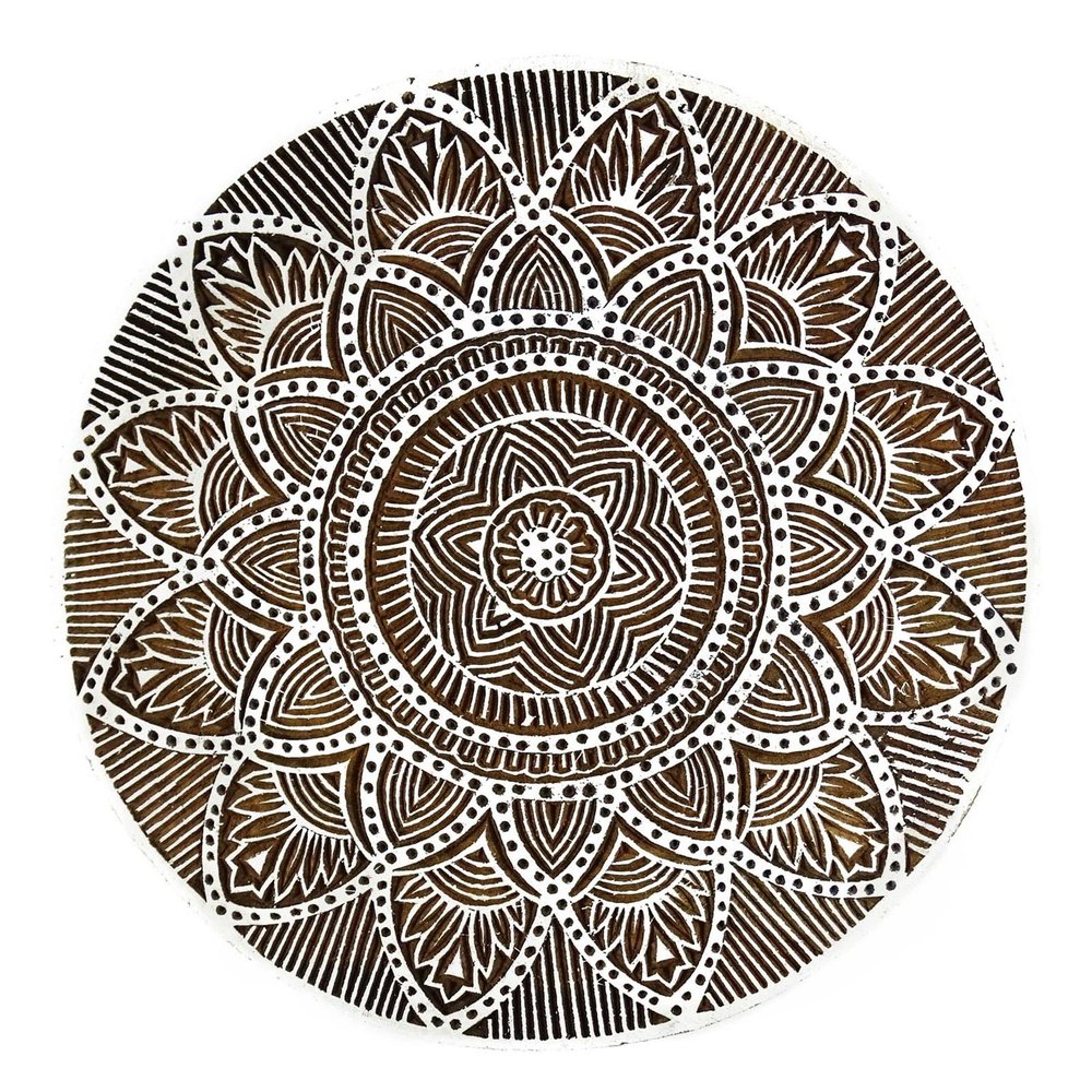Wooden Printing Block Floral Round Hand Carved Textile Art Printer Stamp Pb