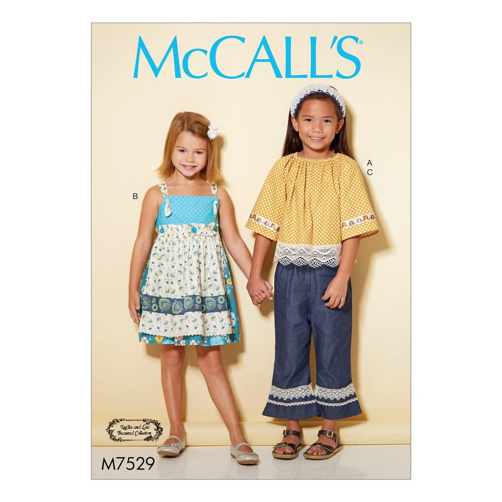 MCCALLS M7529 Children's/Girls' Peasant Top, Jumper with Detachable Apron, and Pull-On Pants (SIZE 6-8) SEWING PATTERN