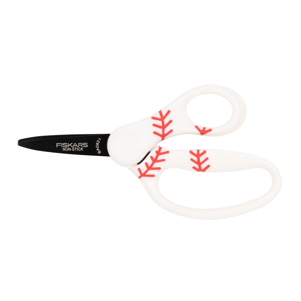 Fiskars 5" Pointed-Tip Scissors for Kids 4-7 with Non-Stick Blades (1-Pack) - Scissors for School or Crafting - Back to School Supplies - Baseball/Softball