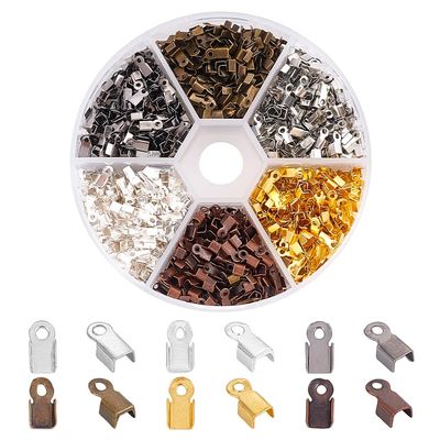 PH PandaHall About 1380 Pcs Iron Fold Over Cord Ends Terminators Crimp End Tips for Leather 3mm for Jewelry Making 6 Colors