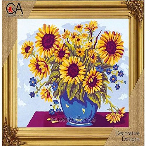 Collection D'Art Printed Needlepoint Kit - Sunflowers in Blue Bowl, 30x40 cm, Modern Style, All Seasons, Adult, Unisex, Multicoloured, Cotton, Non-Foldable