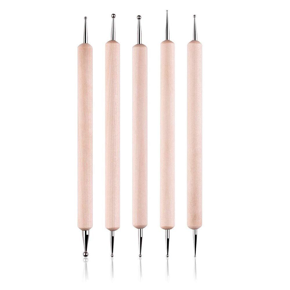 COMIART 5-Piece Dual-Ended Ball Stylus Tool Set - Wooden Handle with Stainless Steel Tips for Clay Sculpting, Embossing, Nail Art, Mandala Rock Painting & Pattern Tracing