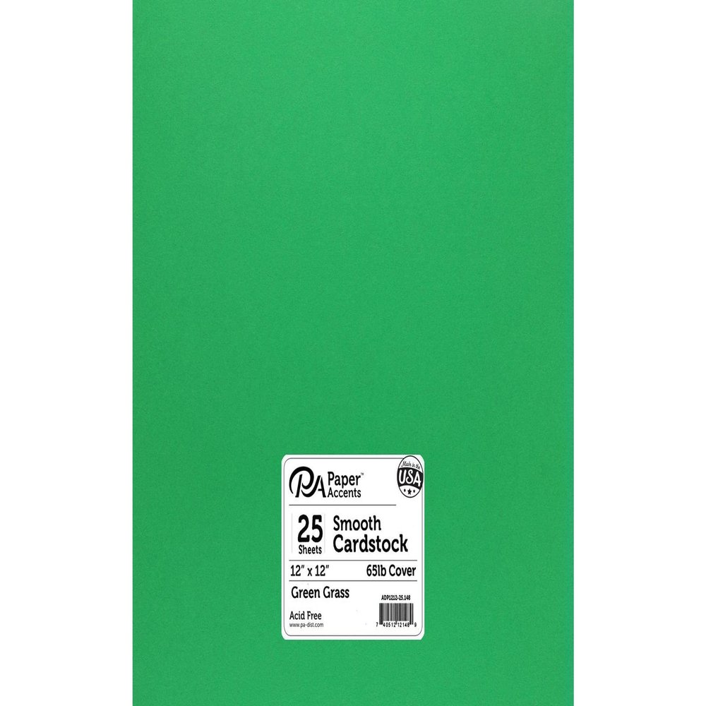 PA Paper Accents Smooth Cardstock 12" x 12" Green Grass, 65lb colored cardstock paper for card making, scrapbooking, printing, quilling and crafts, 25 piece pack
