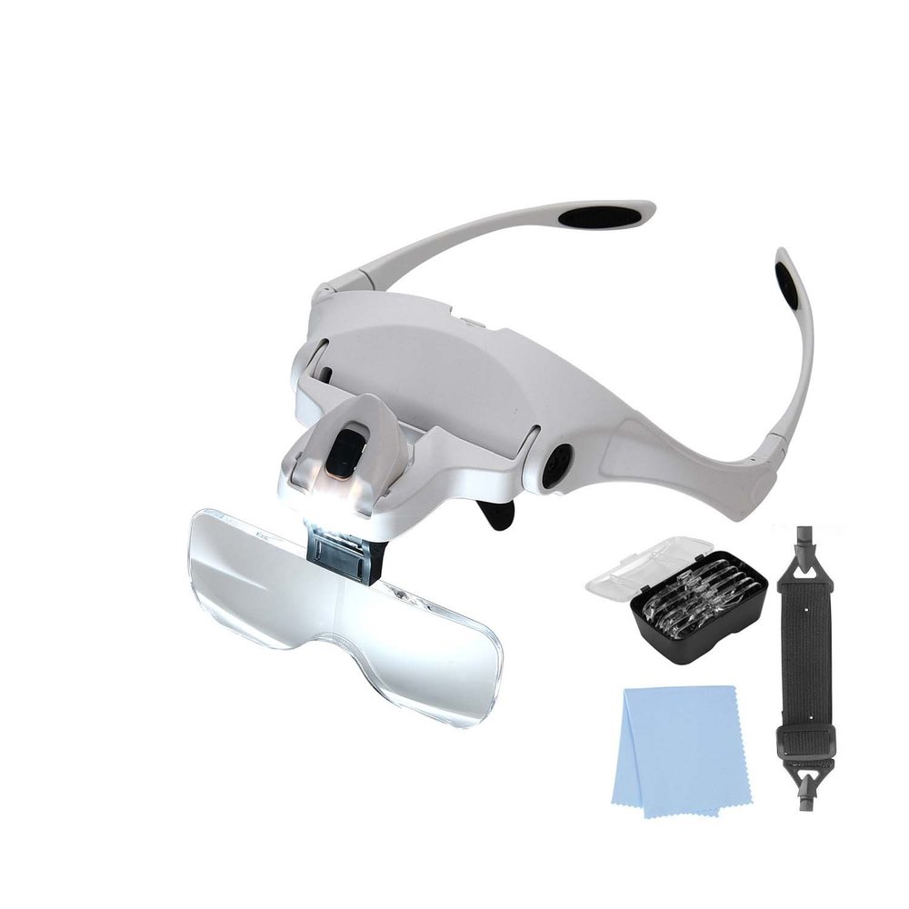LED Lighted Head Magnifying Glass, Hands-Free Headband Magnifier Visor with 5 Detachable Lenses (1.0X-3.5X), Headset Loupe Glasses for Close Work, Jewelry, Crafts, Repair, Reading