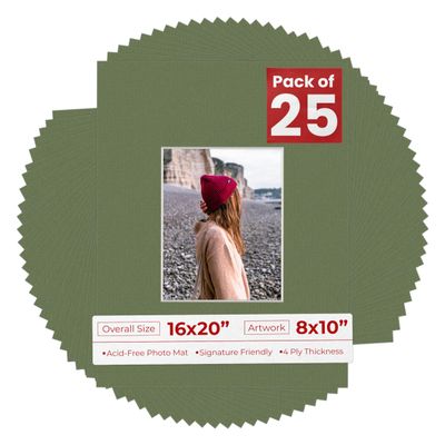 8x10 Mat for 16x20 Frame - Precut Mat Board Acid-Free Show Kit with Backing Board, and Clear Bags Dill Green 8x10 Photo Matte Made to Fit a 16x20 Picture Frame Matboard for Framing, Pack of 25 Mats