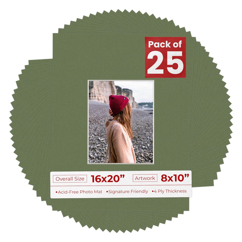 8x10 Mat for 16x20 Frame - Precut Mat Board Acid-Free Show Kit with Backing Board, and Clear Bags Dill Green 8x10 Photo Matte Made to Fit a 16x20 Picture Frame Matboard for Framing, Pack of 25 Mats