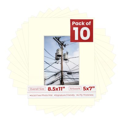 5x7 Mat for 8.5x11 Frame - Precut Mat Board Acid-Free Show Kit with Backing Board, and Clear Bags Textured Cream 5x7 Photo Matte For a 8.5x11 Picture Frame Matboard for Framing, Pack of 10 Mats