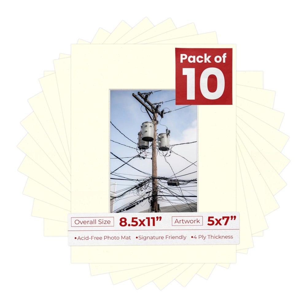 5x7 Mat for 8.5x11 Frame - Precut Mat Board Acid-Free Show Kit with Backing Board, and Clear Bags Textured Cream 5x7 Photo Matte For a 8.5x11 Picture Frame Matboard for Framing, Pack of 10 Mats