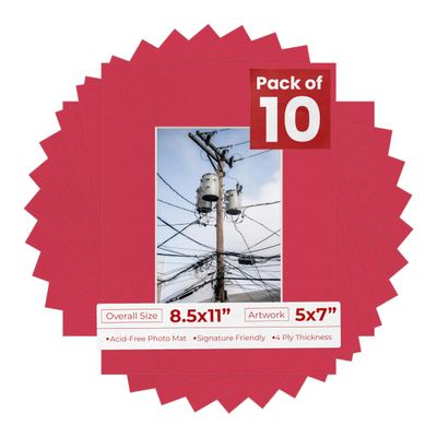 5x7 Mat for 8.5x11 Frame - Precut Mat Board Acid-Free Show Kit with Backing Board, and Clear Bags Deep Red 5x7 Photo Matte Made to Fit a 8.5x11 Picture Frame Matboard for Framing, Pack of 10 Mats