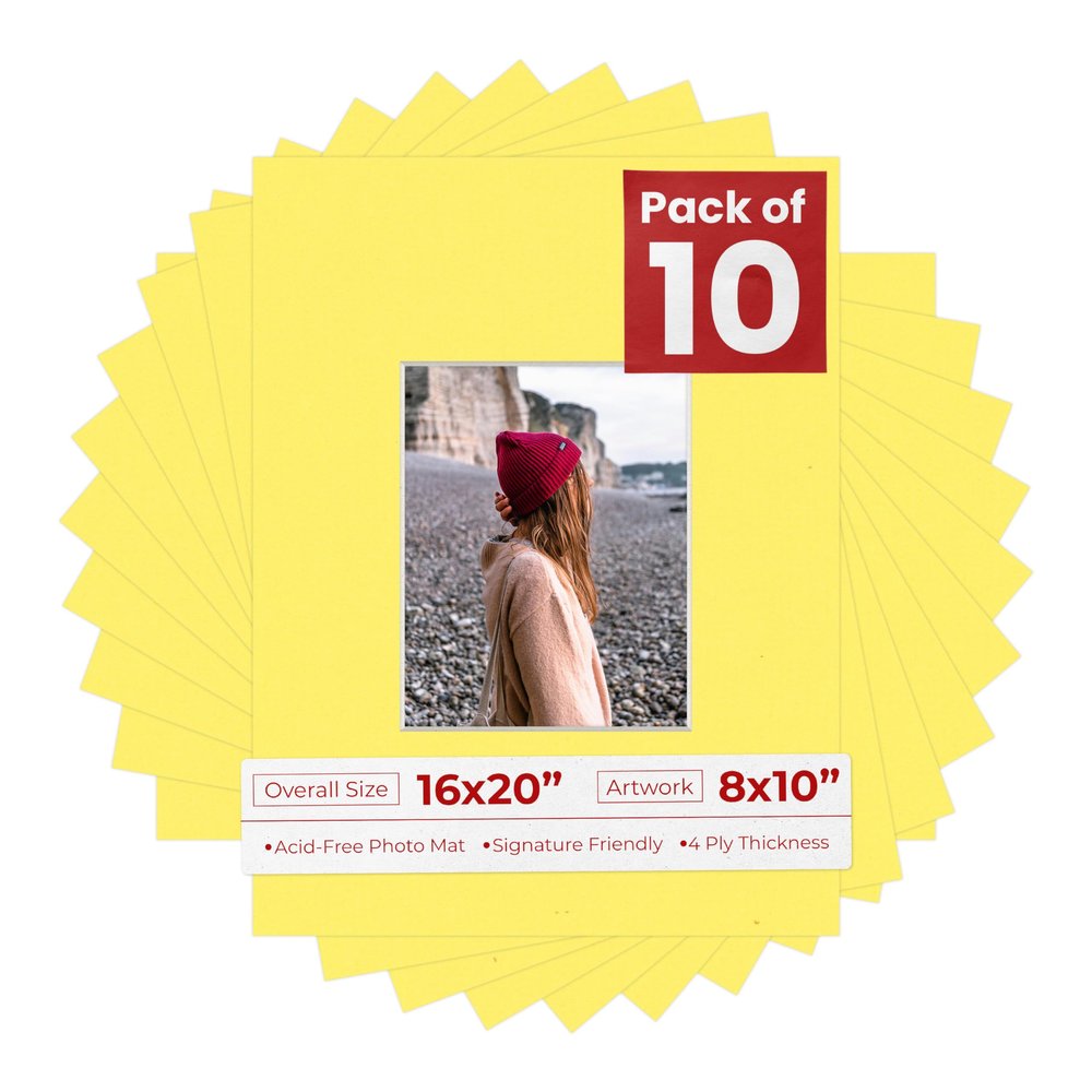 8x10 Mat for 16x20 Frame - Precut Mat Board Acid-Free Show Kit with Backing Board, and Clear Bags Yellow 8x10 Photo Matte Made to Fit a 16x20 Picture Frame Matboard for Framing, Pack of 10 Mats