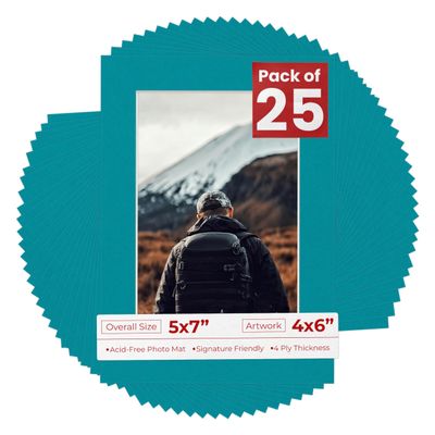 4x6 Mat for 5x7 Frame - Precut Mat Board Acid-Free Show Kit with Backing Board, and Clear Bags Teal Blue 4x6 Photo Matte Made to Fit a 5x7 Picture Frame Matboard for Framing, Pack of 25 Mats