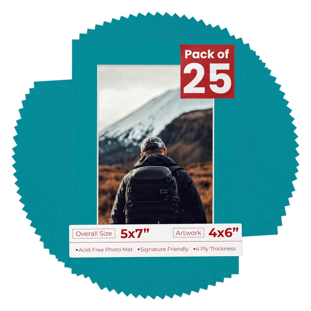 4x6 Mat for 5x7 Frame - Precut Mat Board Acid-Free Show Kit with Backing Board, and Clear Bags Teal Blue 4x6 Photo Matte Made to Fit a 5x7 Picture Frame Matboard for Framing, Pack of 25 Mats