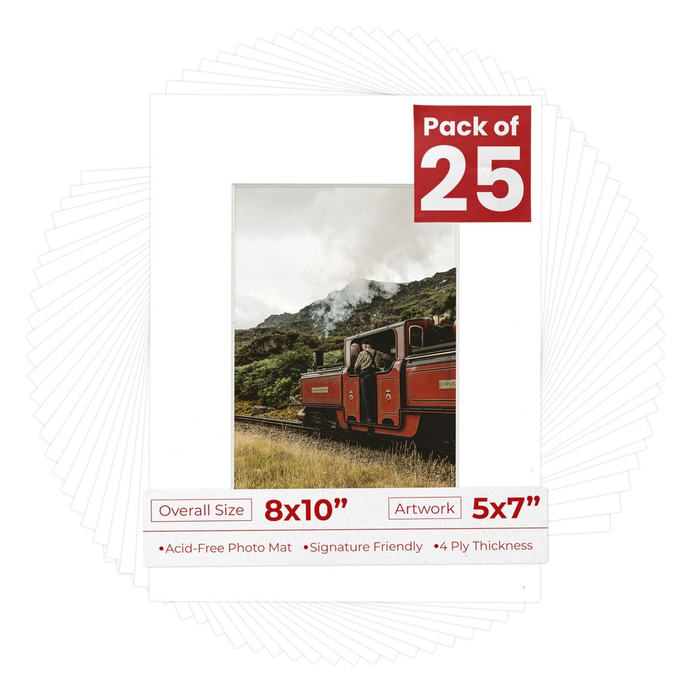 5x7 Mat for 8x10 Frame - Precut Mat Board Acid-Free Show Kit with Backing Board, and Clear Bags White 5x7 Photo Matte Made to Fit a 8x10 Picture Frame Matboard for Framing, Pack of 25 Mats