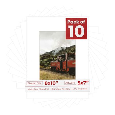 5x7 Mat for 8x10 Frame - Precut Mat Board Acid-Free Show Kit with Backing Board, and Clear Bags White 5x7 Photo Matte Made to Fit a 8x10 Picture Frame Matboard for Framing, Pack of 10 Mats
