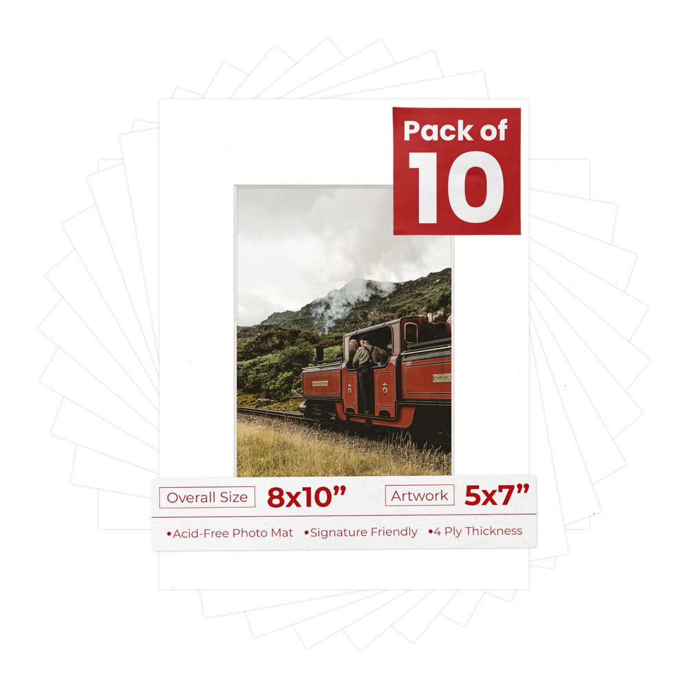 5x7 Mat for 8x10 Frame - Precut Mat Board Acid-Free Show Kit with Backing Board, and Clear Bags White 5x7 Photo Matte Made to Fit a 8x10 Picture Frame Matboard for Framing, Pack of 10 Mats