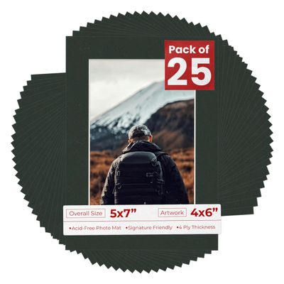 4x6 Mat for 5x7 Frame - Precut Mat Board Acid-Free Show Kit with Backing Board, and Clear Bags Textured Black 4x6 Photo Matte Made to Fit a 5x7 Picture Frame Matboard for Framing, Pack of 25 Mats