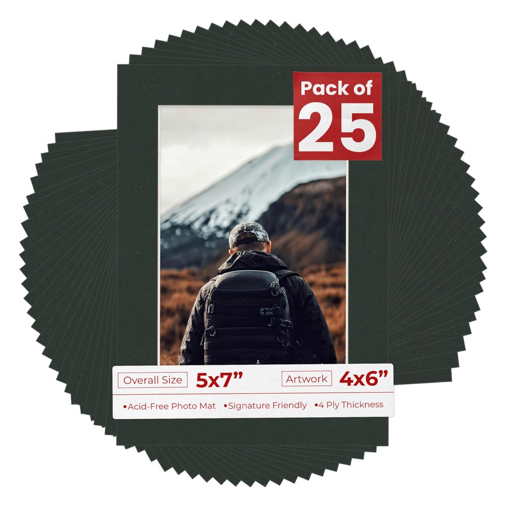 4x6 Mat for 5x7 Frame - Precut Mat Board Acid-Free Show Kit with Backing Board, and Clear Bags Textured Black 4x6 Photo Matte Made to Fit a 5x7 Picture Frame Matboard for Framing, Pack of 25 Mats